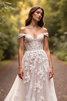 Load image into Gallery viewer, White Off the Shoulder Floral Sweep Train Wedding Dress with Appliques