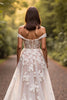 Load image into Gallery viewer, White Off the Shoulder Floral Sweep Train Wedding Dress with Appliques