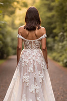 Load image into Gallery viewer, White Off the Shoulder Floral Sweep Train Wedding Dress with Appliques