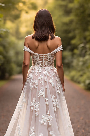White Off the Shoulder Floral Sweep Train Wedding Dress with Appliques