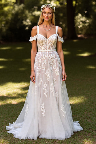 Floral White Sweep Train Corset Wedding Dress with Appliques