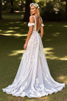 Floral White Sweep Train Corset Wedding Dress with Appliques