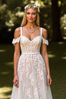 Load image into Gallery viewer, Floral White Sweep Train Corset Wedding Dress with Appliques