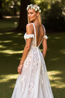 Load image into Gallery viewer, Floral White Sweep Train Corset Wedding Dress with Appliques