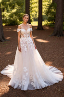 Load image into Gallery viewer, Floral Tulle White Sweep Train Corset Wedding Dress with Appliques