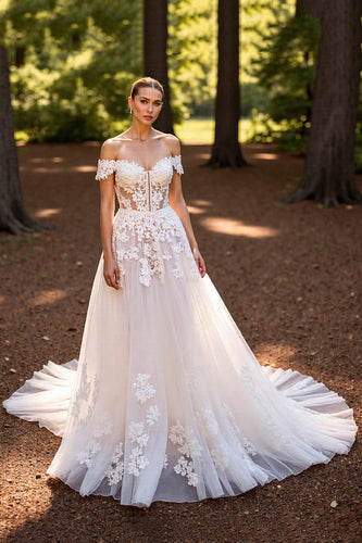 Floral Tulle White Sweep Train Corset Wedding Dress with Appliques