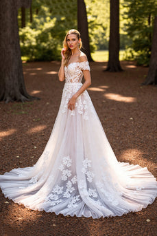 Floral Tulle White Sweep Train Corset Wedding Dress with Appliques