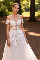 Load image into Gallery viewer, Floral Tulle White Sweep Train Corset Wedding Dress with Appliques