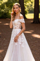 Load image into Gallery viewer, Floral Tulle White Sweep Train Corset Wedding Dress with Appliques