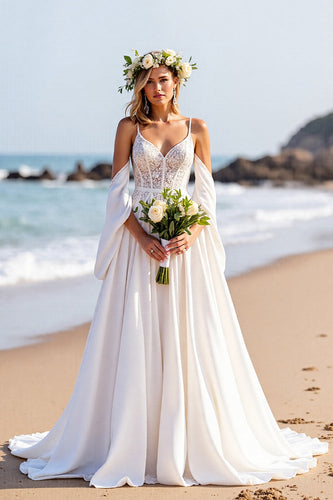 A Line White Sweep Train Corset Wedding Dress with Sleeves