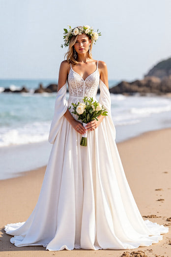 A Line White Sweep Train Corset Wedding Dress with Sleeves