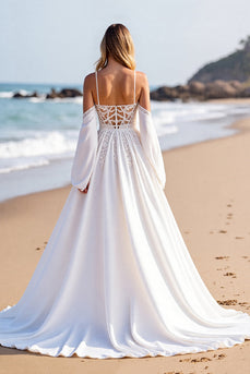 A Line White Sweep Train Corset Wedding Dress with Sleeves