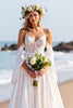 Load image into Gallery viewer, A Line White Sweep Train Corset Wedding Dress with Sleeves