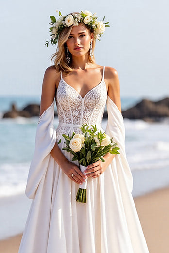 A Line White Sweep Train Corset Wedding Dress with Sleeves