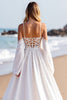 Load image into Gallery viewer, A Line White Sweep Train Corset Wedding Dress with Sleeves