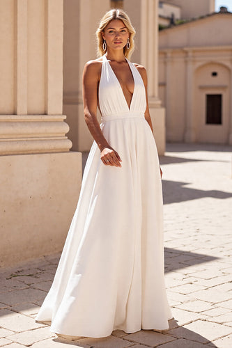 Simple White Halter Sweep Train Satin Wedding Dress