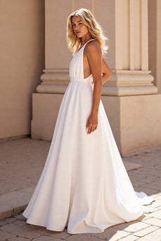 Simple White Halter Sweep Train Satin Wedding Dress