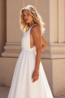 Load image into Gallery viewer, Simple White Halter Sweep Train Satin Wedding Dress