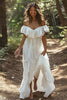 Load image into Gallery viewer, White Chiffon Off the Shoulder Tiered Boho Sweep Train Wedding Dress