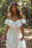 Load image into Gallery viewer, White Chiffon Off the Shoulder Tiered Boho Sweep Train Wedding Dress