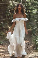 Load image into Gallery viewer, White Tiered Chiffon Boho Sweep Train Wedding Dress with Keyhole