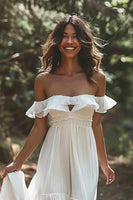 Load image into Gallery viewer, White Tiered Chiffon Boho Sweep Train Wedding Dress with Keyhole