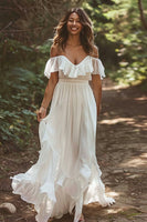 Load image into Gallery viewer, Chiffon White Boho Sweep Train Wedding Dress with Ruffles