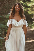 Load image into Gallery viewer, Chiffon White Boho Sweep Train Wedding Dress with Ruffles