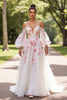 Load image into Gallery viewer, Floral White Tulle Cold Shoulder Sweep Train Wedding Dress with Sleeves