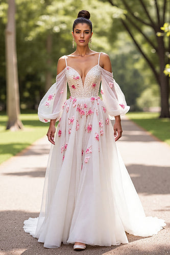 Floral White Tulle Cold Shoulder Sweep Train Wedding Dress with Sleeves
