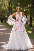 Load image into Gallery viewer, Floral White Tulle Cold Shoulder Sweep Train Wedding Dress with Sleeves