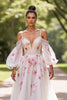 Load image into Gallery viewer, Floral White Tulle Cold Shoulder Sweep Train Wedding Dress with Sleeves