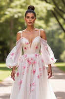 Load image into Gallery viewer, Floral White Tulle Cold Shoulder Sweep Train Wedding Dress with Sleeves