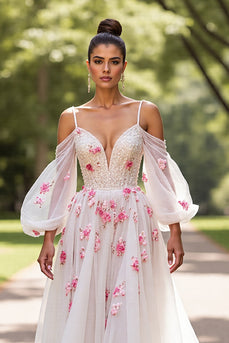 Floral White Tulle Cold Shoulder Sweep Train Wedding Dress with Sleeves
