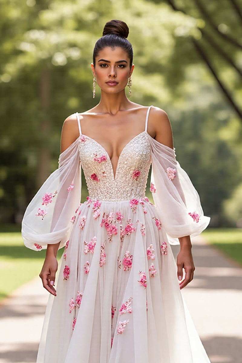 Load image into Gallery viewer, Floral White Tulle Cold Shoulder Sweep Train Wedding Dress with Sleeves