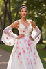 Load image into Gallery viewer, Floral White Tulle Cold Shoulder Sweep Train Wedding Dress with Sleeves