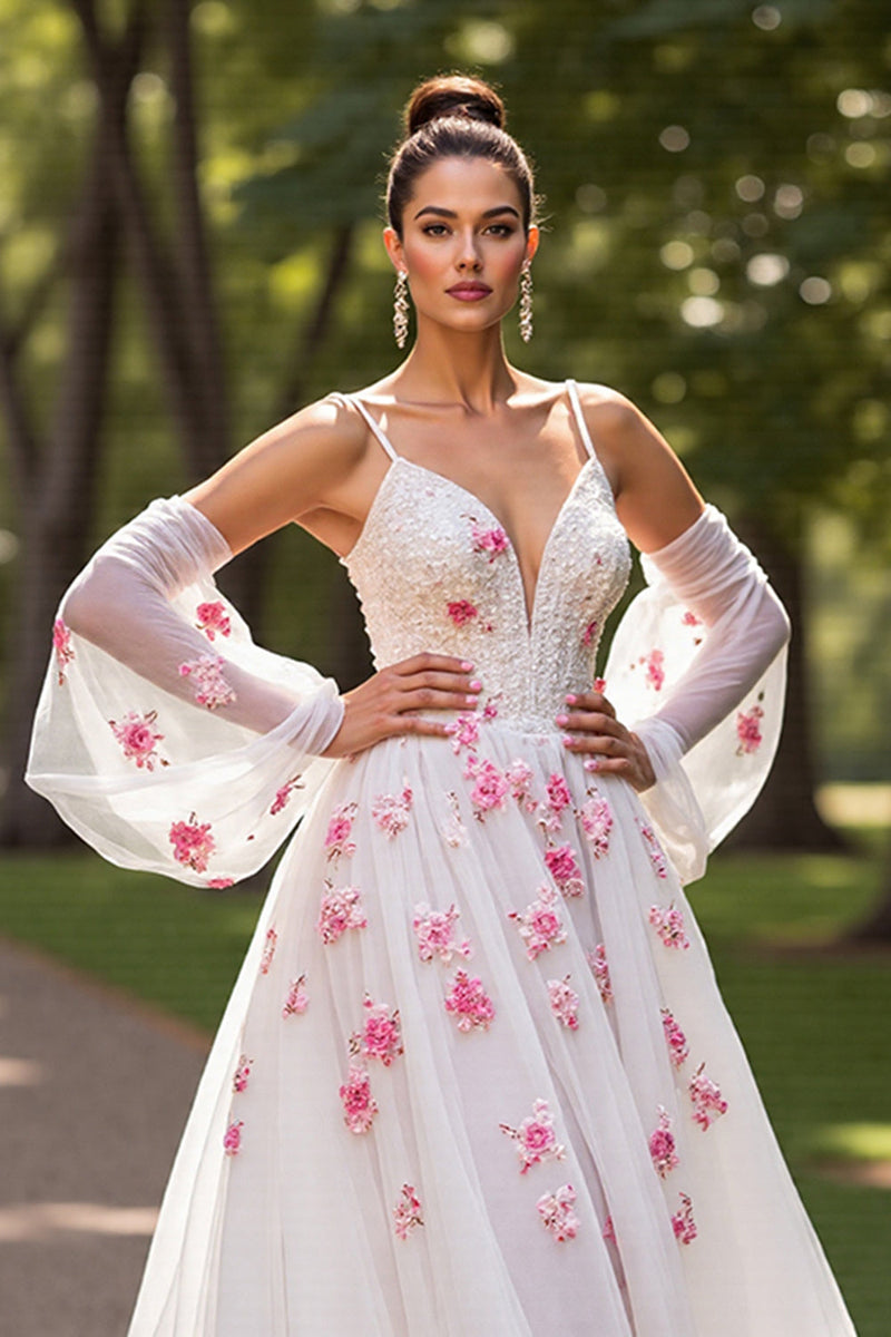 Load image into Gallery viewer, Floral White Tulle Cold Shoulder Sweep Train Wedding Dress with Sleeves