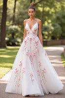 Load image into Gallery viewer, Floral White Tulle Spaghetti Straps Sweep Train Wedding Dress