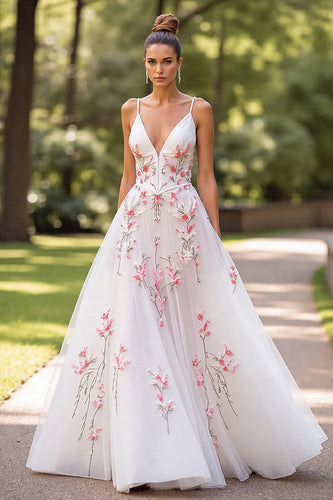 Floral White Tulle Spaghetti Straps Sweep Train Wedding Dress