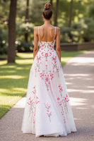 Load image into Gallery viewer, Floral White Tulle Spaghetti Straps Sweep Train Wedding Dress