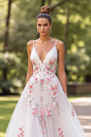 Load image into Gallery viewer, Floral White Tulle Spaghetti Straps Sweep Train Wedding Dress