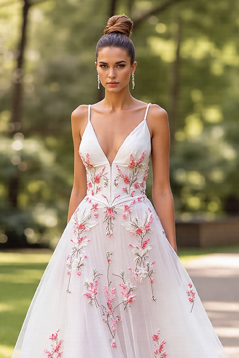 Load image into Gallery viewer, Floral White Tulle Spaghetti Straps Sweep Train Wedding Dress