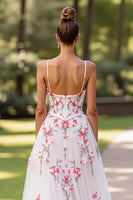 Load image into Gallery viewer, Floral White Tulle Spaghetti Straps Sweep Train Wedding Dress