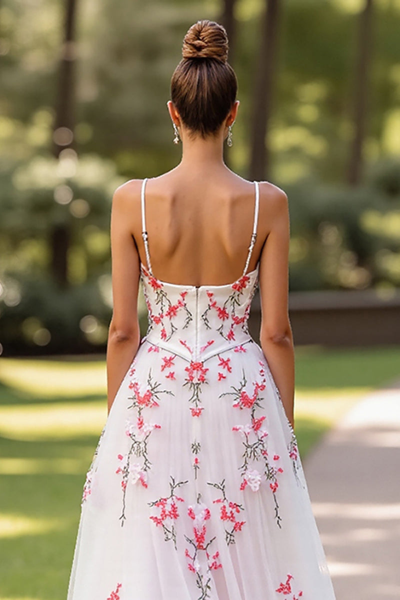 Load image into Gallery viewer, Floral White Tulle Spaghetti Straps Sweep Train Wedding Dress