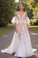 Load image into Gallery viewer, Floral White V-Neck Sweep Train Corset Wedding Dress