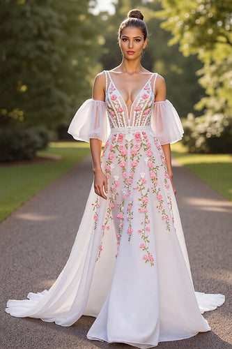 Floral White V-Neck Sweep Train Corset Wedding Dress