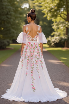 Floral White V-Neck Sweep Train Corset Wedding Dress