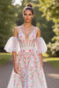 Load image into Gallery viewer, Floral White V-Neck Sweep Train Corset Wedding Dress