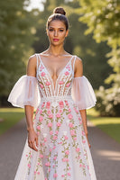 Load image into Gallery viewer, Floral White V-Neck Sweep Train Corset Wedding Dress