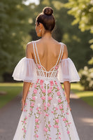 Load image into Gallery viewer, Floral White V-Neck Sweep Train Corset Wedding Dress